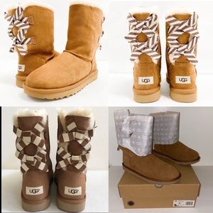 Ugg Bailey Diagonal Bow Stripe Short Boots in Chestnut Women’s size 6 NEW